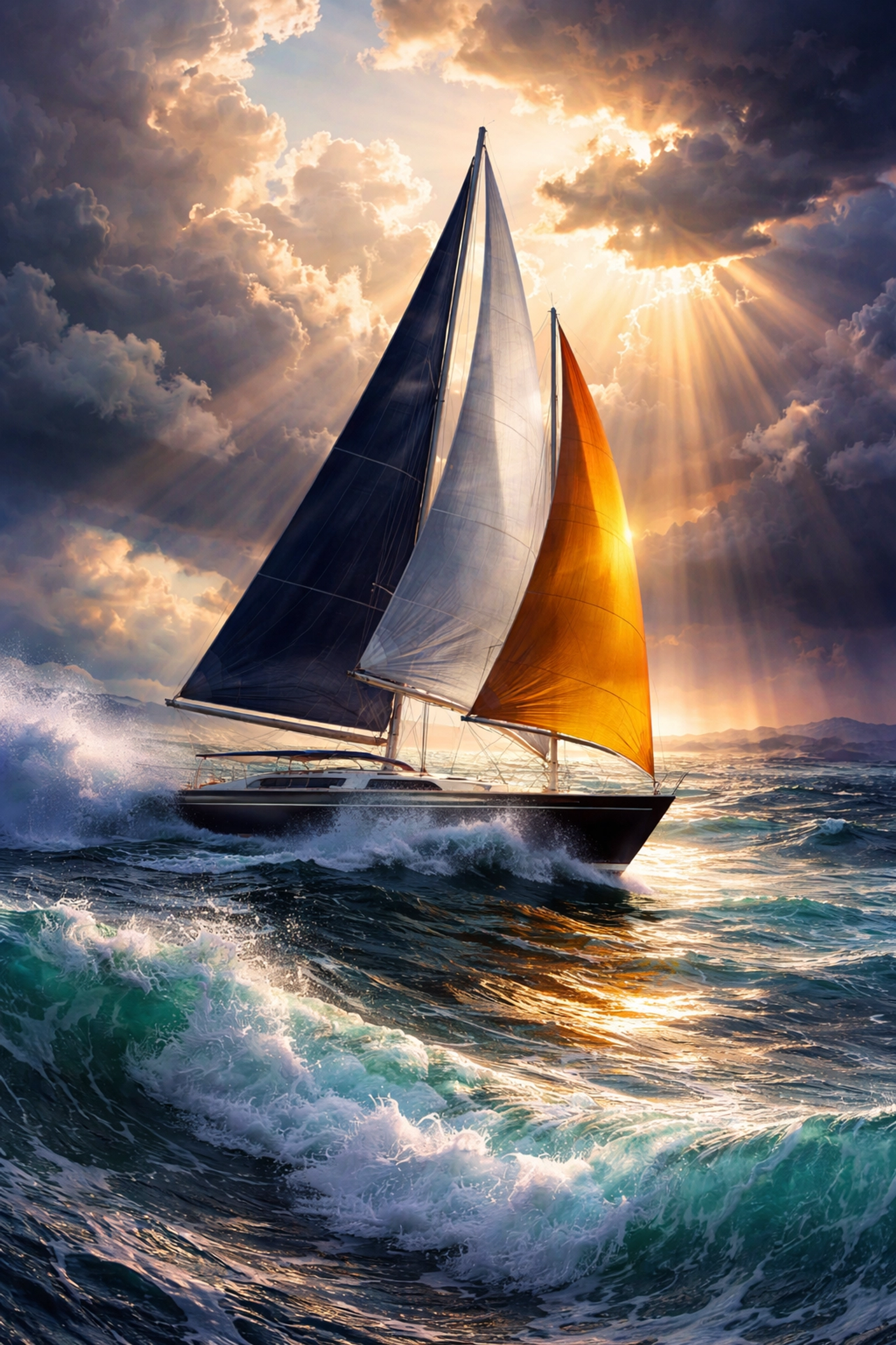 Sailboat with three unique sails representing balanced 40/30/30 investment navigating varied financial markets