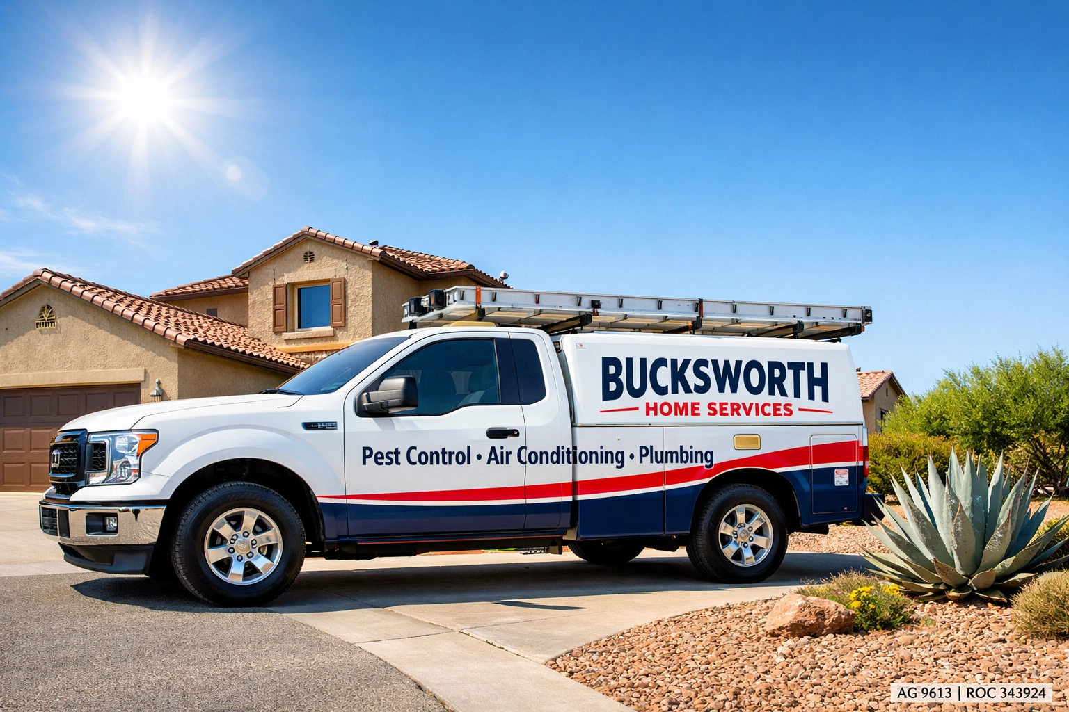 Bucksworth Home Services truck parked at a Queen Creek home for professional plumbing service.