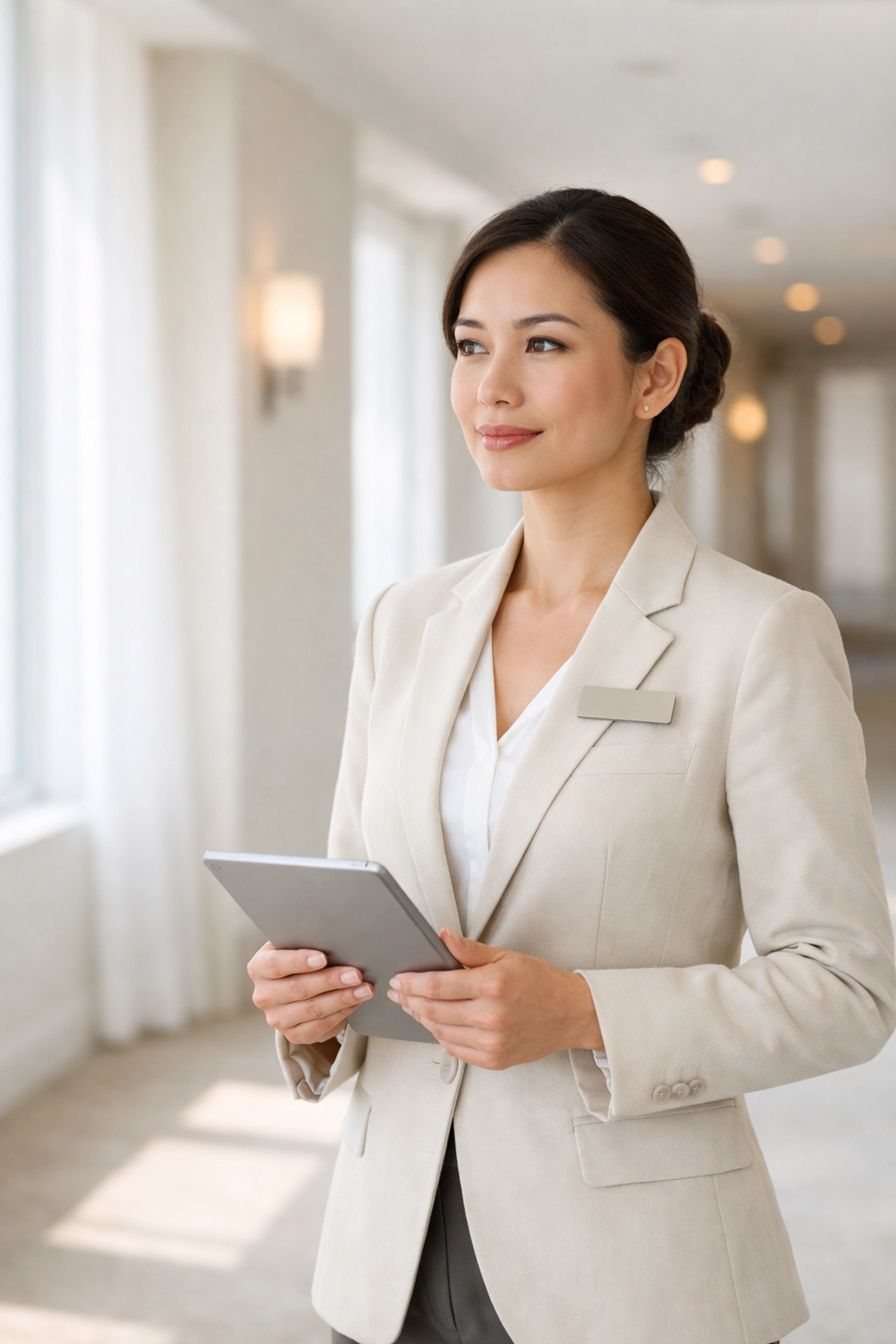 A professional hotel employee using a tablet for efficient housekeeping operations in a bright hallway.