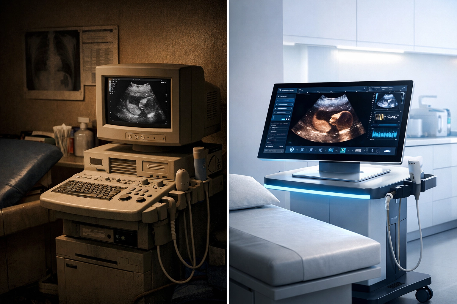 Comparison of outdated medical machines and modern 4K diagnostic equipment in a professional clinic setting.