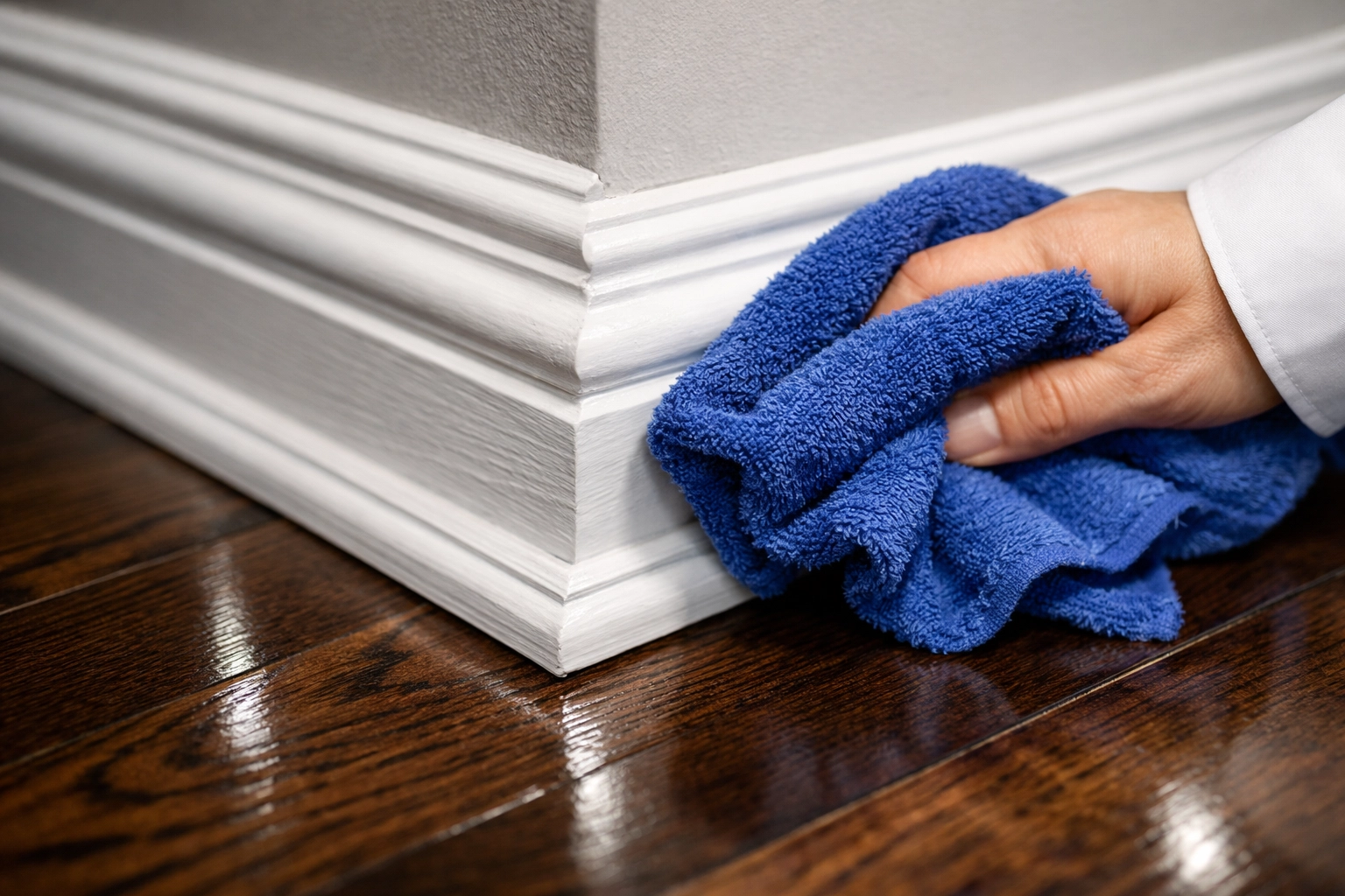 Meticulous hand-wiping of white baseboards during a professional Nashua deep cleaning service.