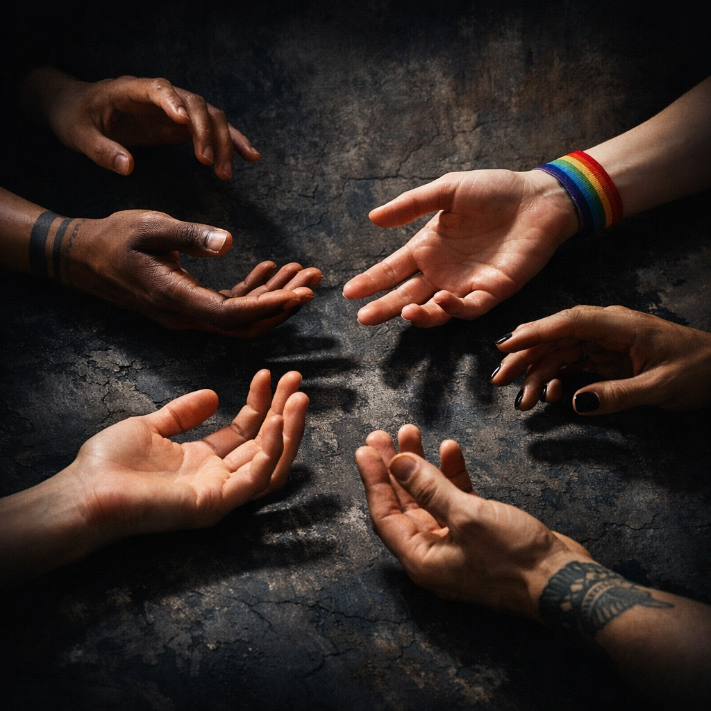 Diverse hands reaching together symbolizing LGBTQ+ community support and chosen family