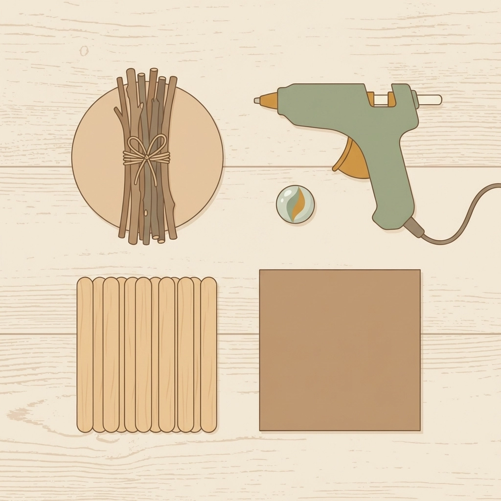 Craft supplies for building a stick maze, including twigs, popsicle sticks, hot glue, marble, and cardboard on a table
