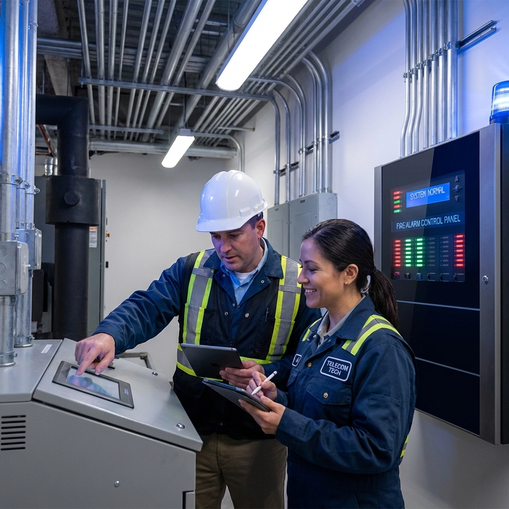 Facility manager and telecom technician review building fire safety equipment, ensuring compliance during copper line replacement