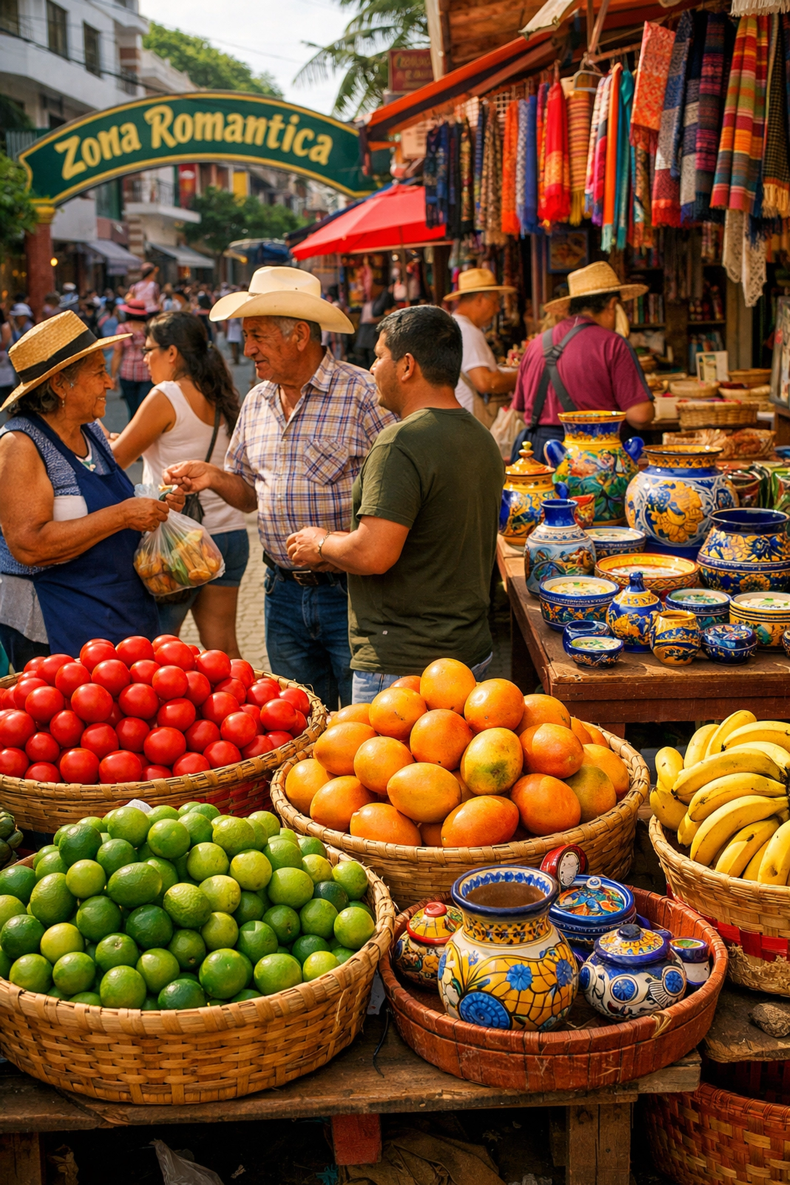 Local market in Zona Romantica Puerto Vallarta with fresh produce and handcrafted pottery
