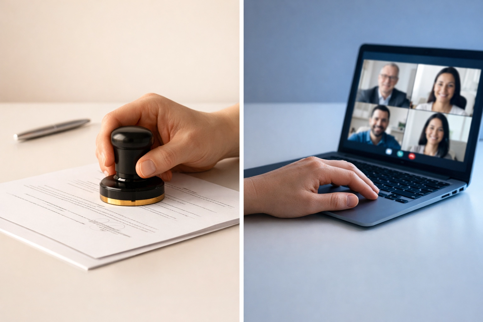 Traditional notary stamp on paper document next to laptop for remote online notary service