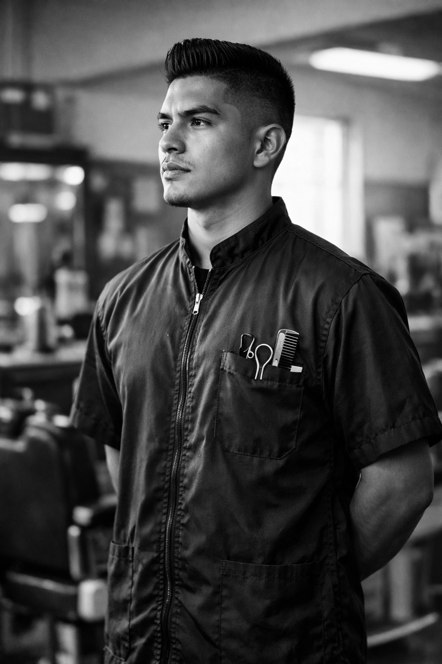 Veteran barber student in a smock highlighting GI Bill financing for barbering education.