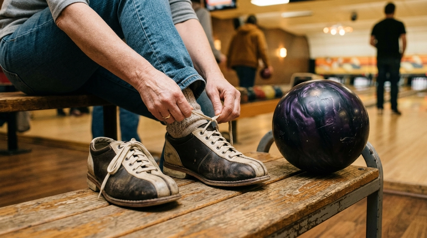 Bowling shoes being laced up