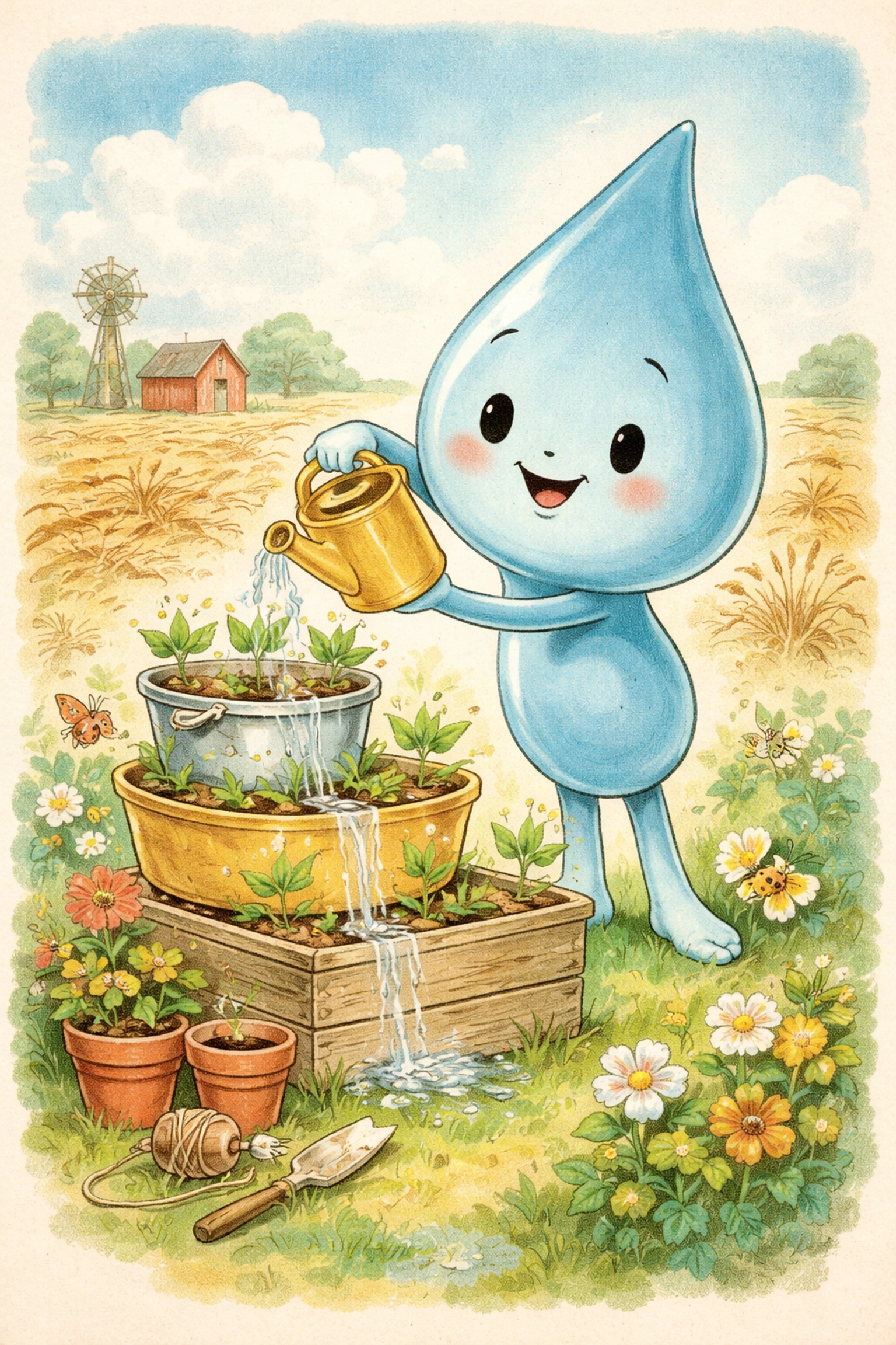 Giant cartoon water droplet waters stacked plants, illustrating water-saving benefits of vertical farming over traditional agriculture.