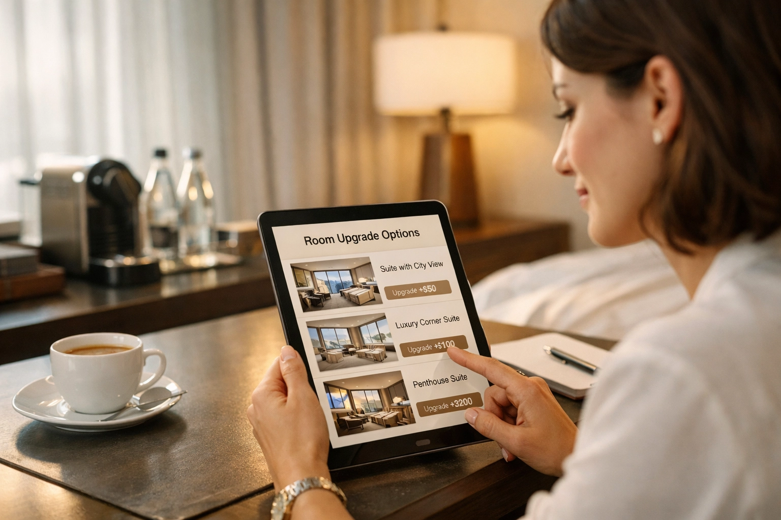 Hotel guest reviewing room upgrade options on tablet for upselling opportunities