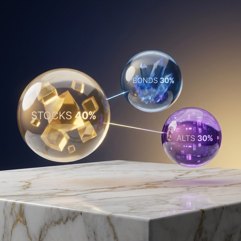 Visual representation of diversified portfolio with spheres symbolizing equities, fixed income, and alternatives for accredited investors.