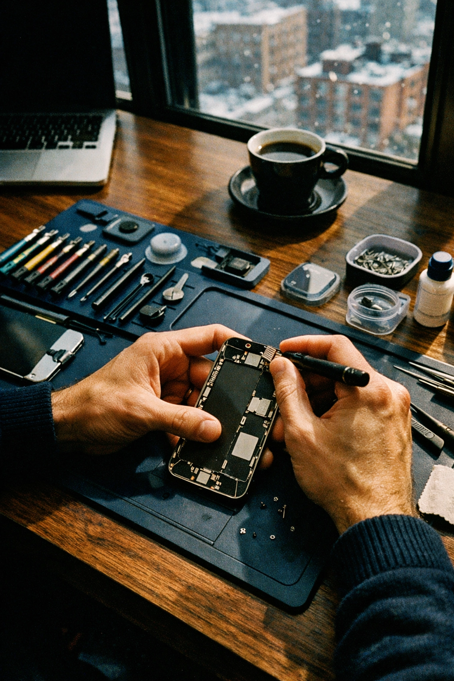 Professional iPhone screen repair being performed at customer's Brooklyn office desk