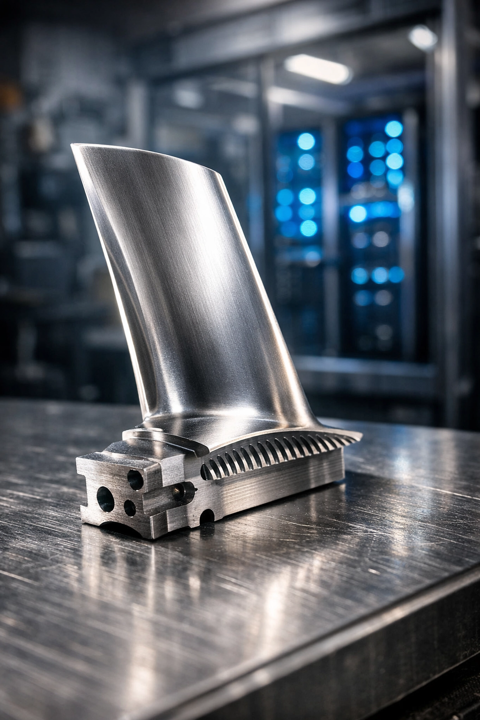 Aerospace turbine blade next to digital server racks representing manufacturing cyber insurance and data protection.