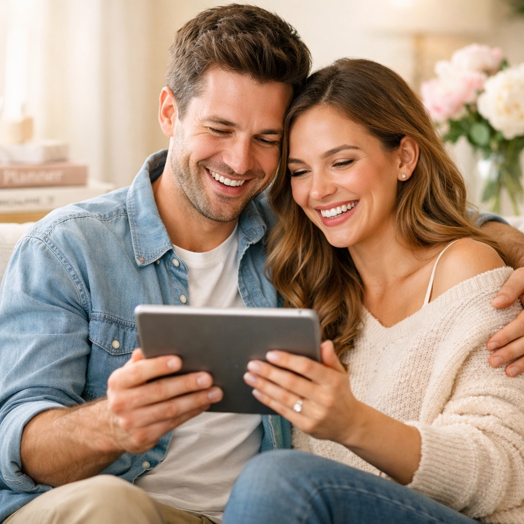 Engaged couple using a tablet to manage online wedding RSVPs and their honeymoon fund.