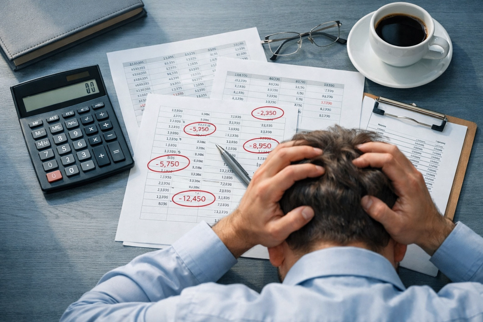 Business owner calculating franchise sales costs and development expenses with financial documents