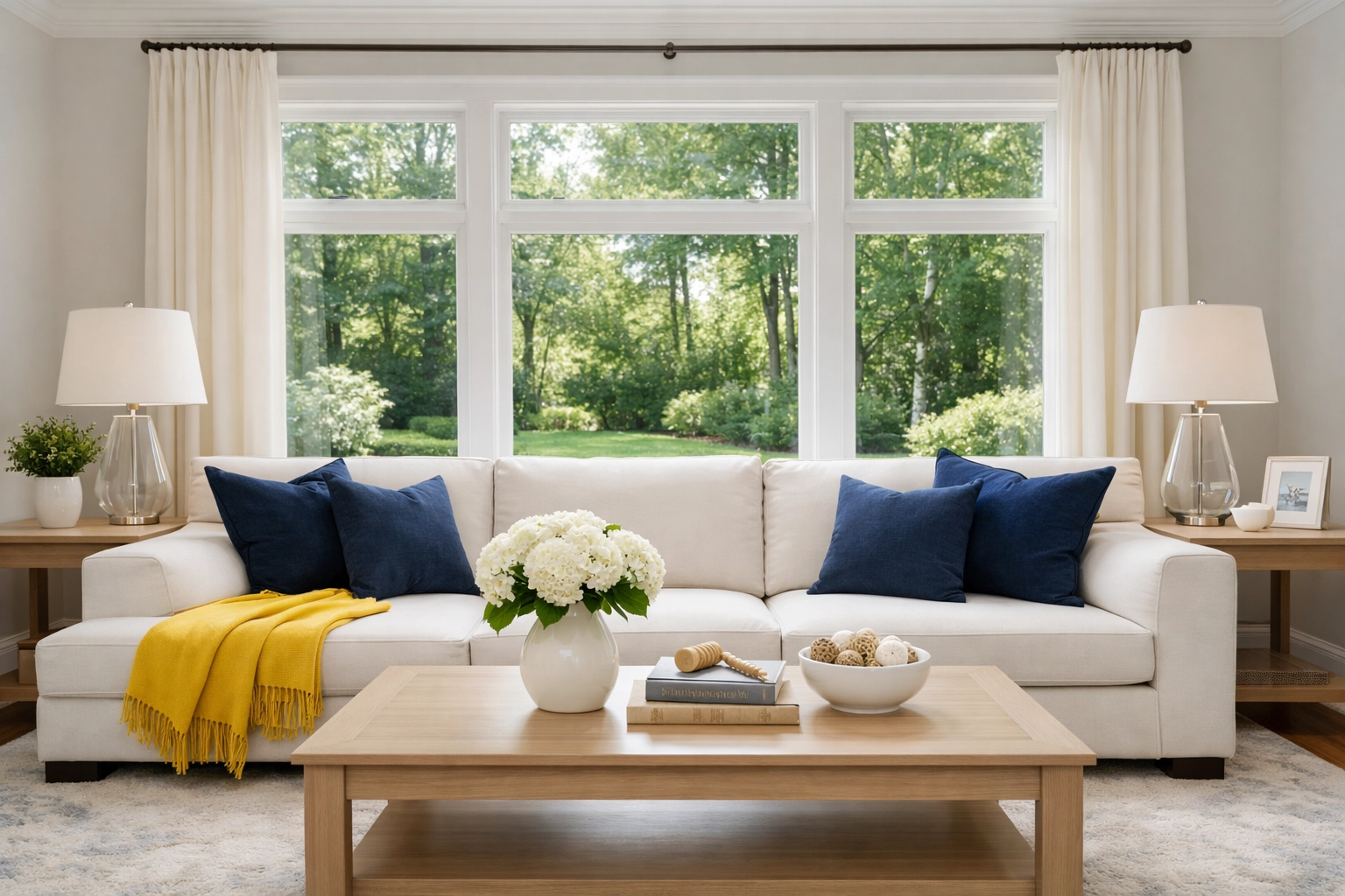 Pristine sun-drenched family room showing the results of professional deep cleaning services Framingham.