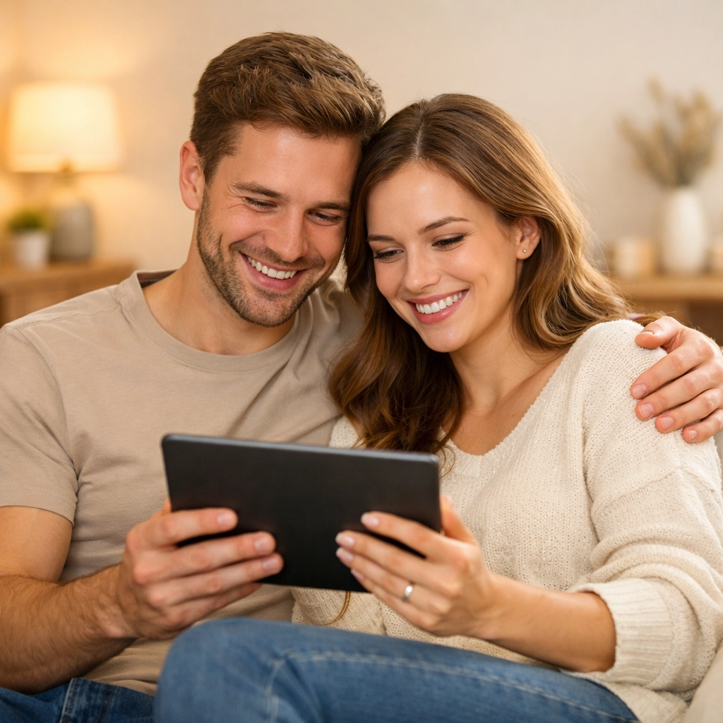 A relieved couple using a tablet to find a bad credit loan Canada and manage their finances.