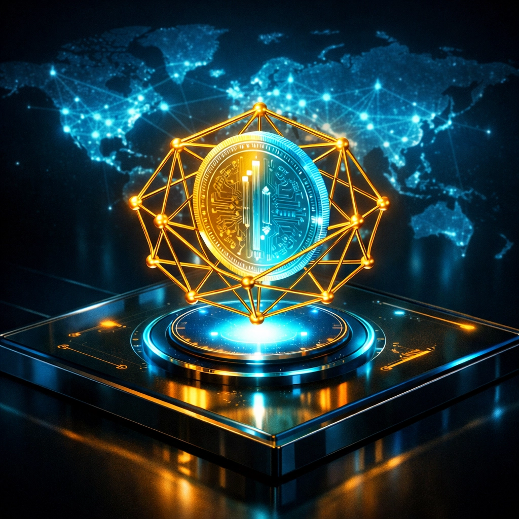 Glowing digital coin symbolizing the LUSD stablecoin and secure Web3 global payments across a digital network.