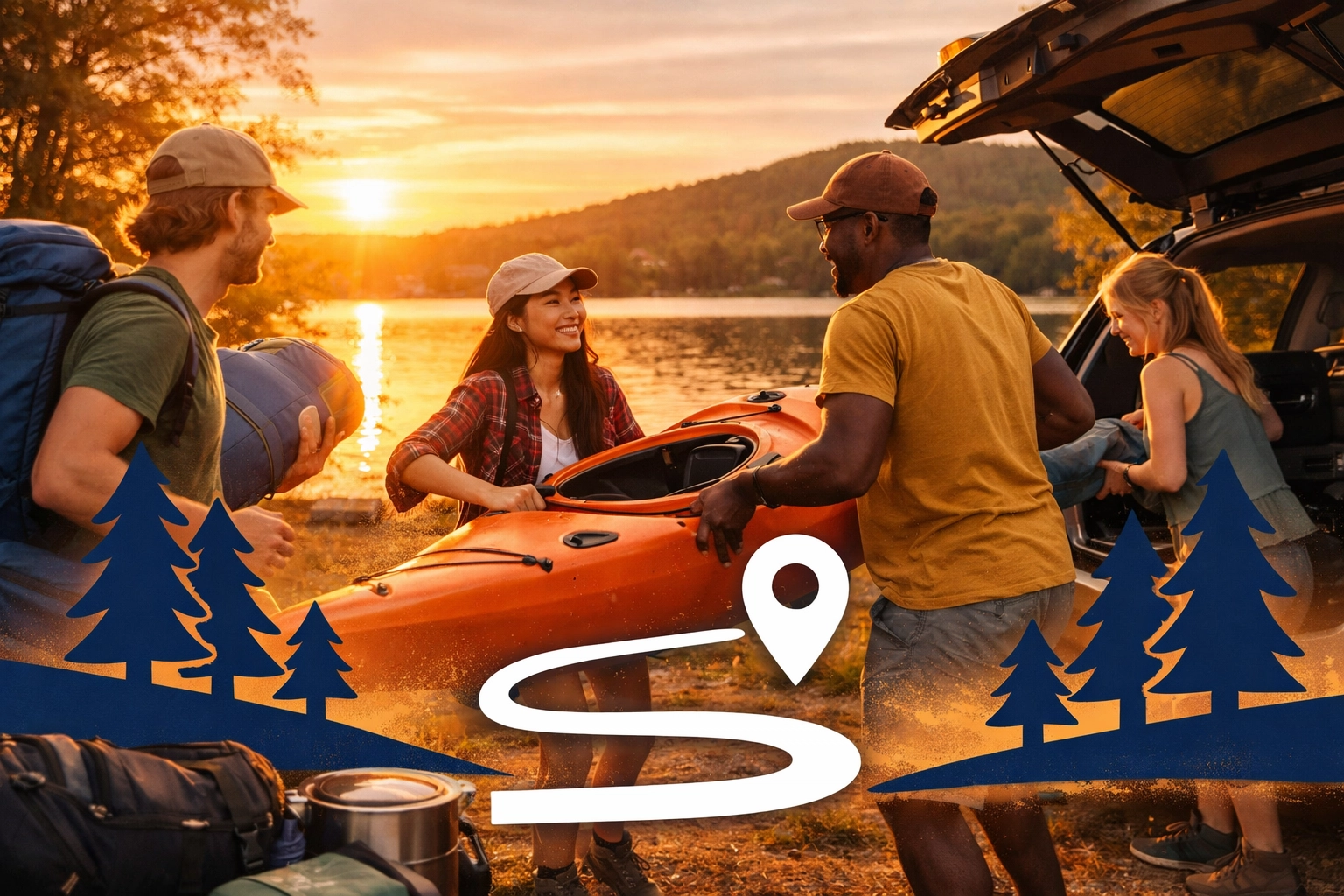 Friends unloading rented camping gear and an orange kayak for an outdoor adventure at sunset.