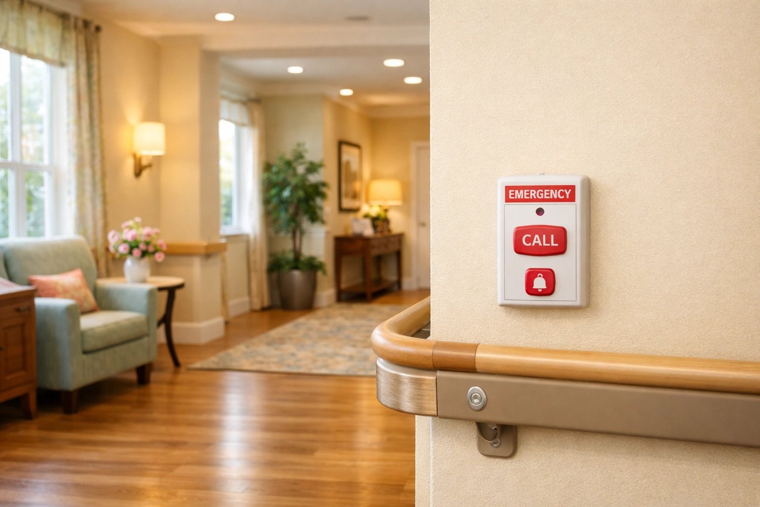 Safety features including handrails and emergency call button in assisted living hallway