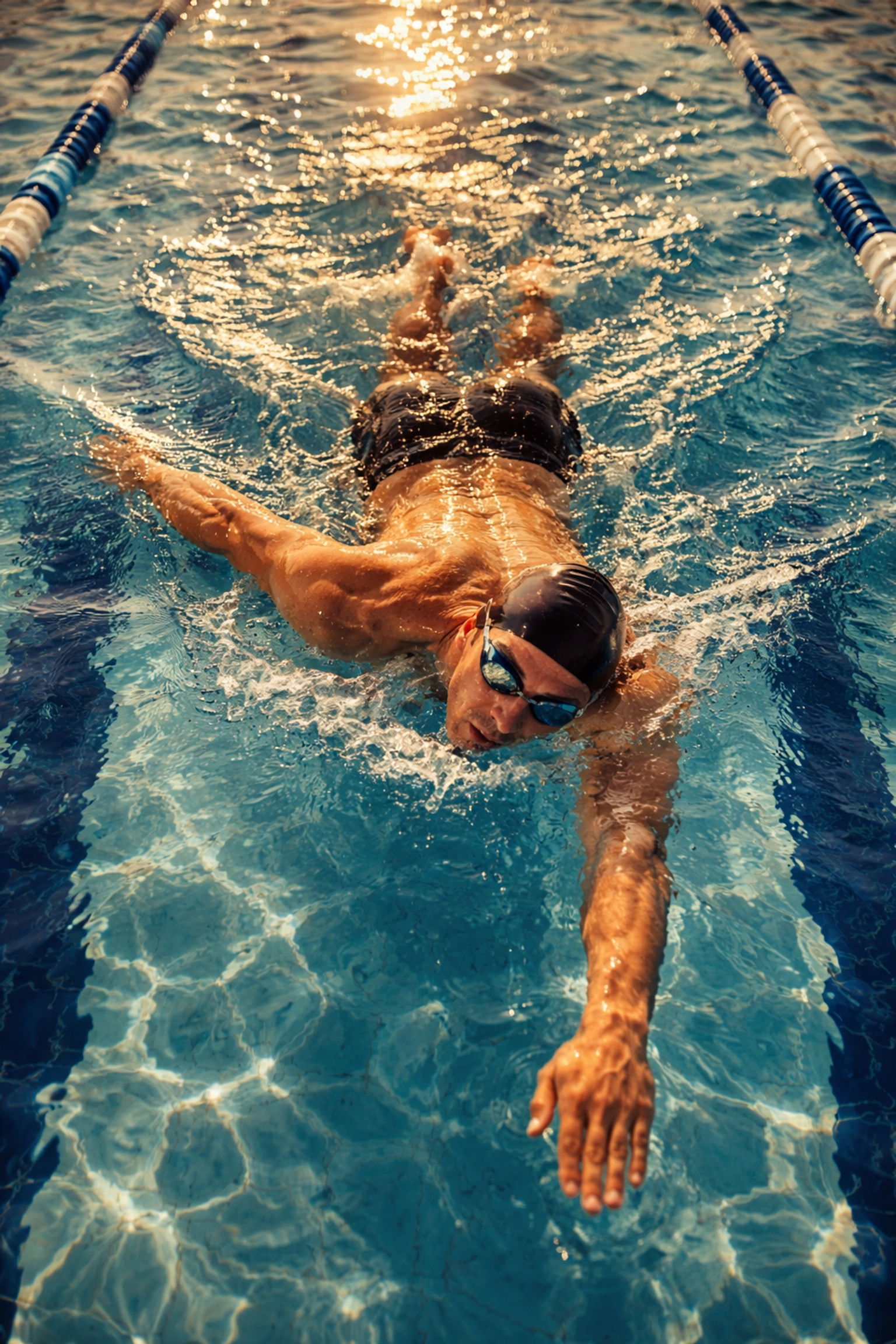 Vista superior de nadador practicando respiración bilateral en estilo crol en piscina exterior al atardecer