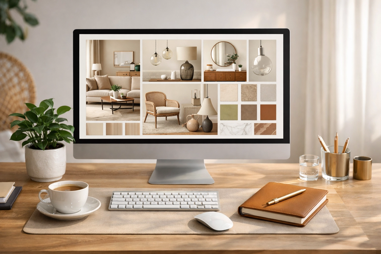 Professional interior design mood board on a modern monitor for a virtual home renovation project.