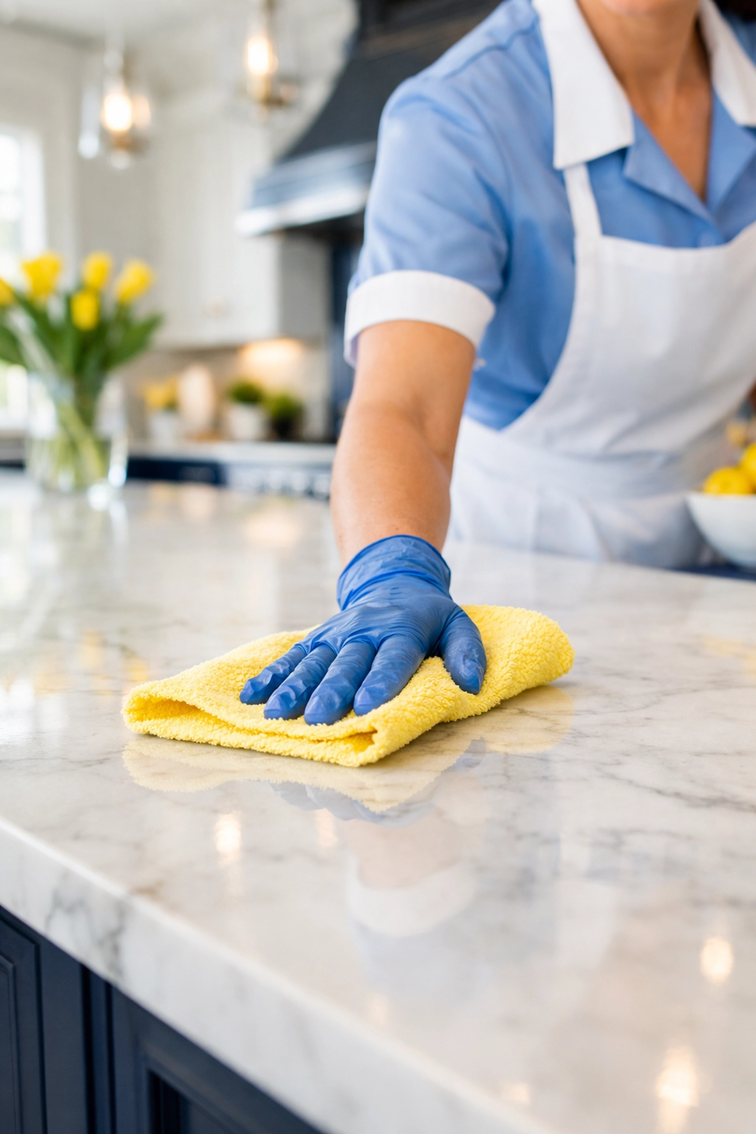 Professional house cleaner wiping a marble kitchen island, providing reliable cleaning services near me.