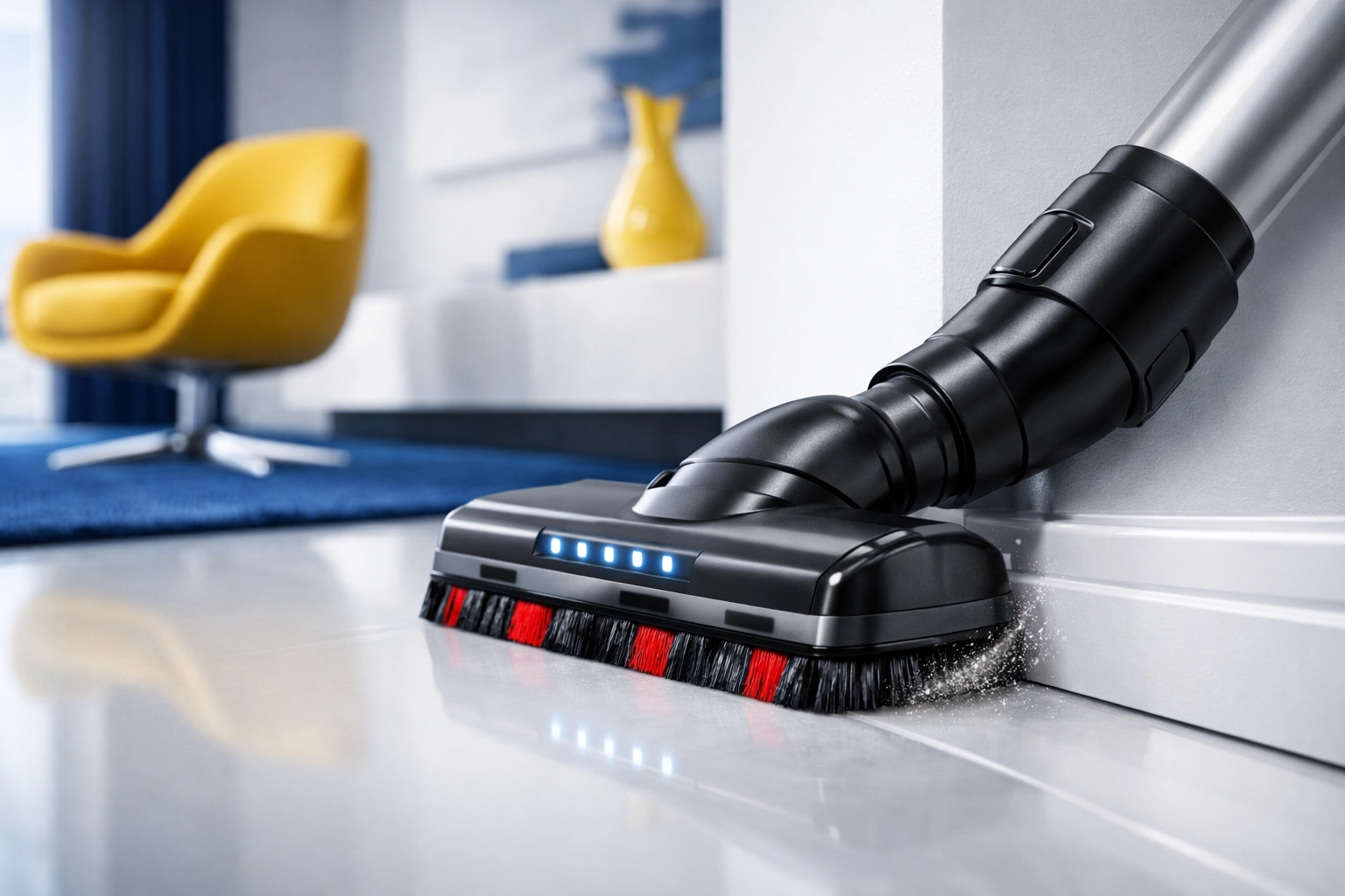 Vacuum brush attachment cleaning fine dust from white baseboards in a modern minimalist living room.