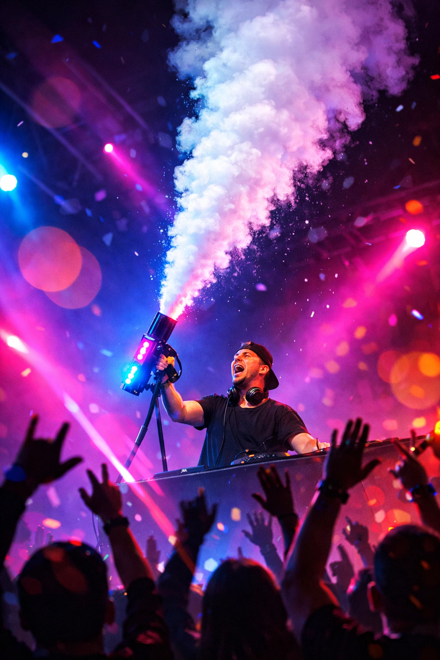 DJ Denver Colorado using an LED cryo gun to create a high-energy atmosphere with CO2 fog effects.