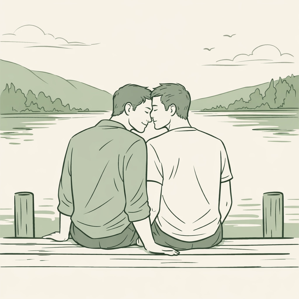 Two men sharing a quiet, emotional embrace on a pier, illustrating romantic intimacy in MM romance.