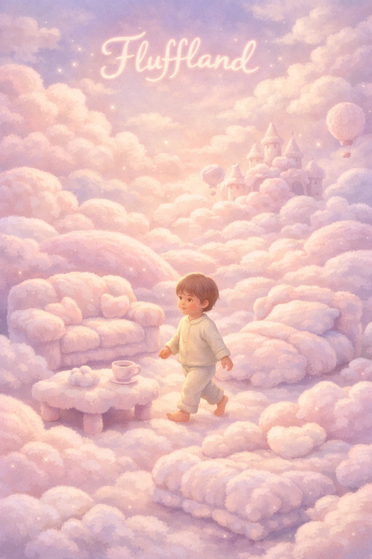 Child in dreamy Fluffland cloud landscape from calming sleep story for kids