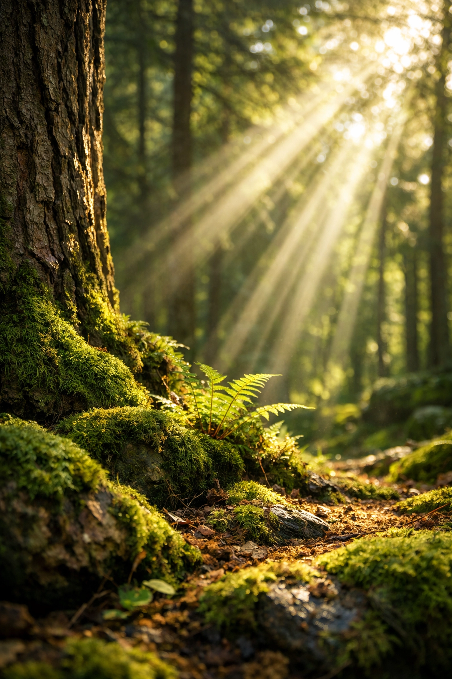 Sunlight filtering through a lush Scottish forest, highlighting green moss and ferns for mindful grounding.