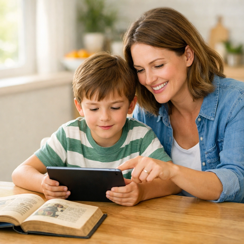 A mother and son using a tablet to study civic education for America