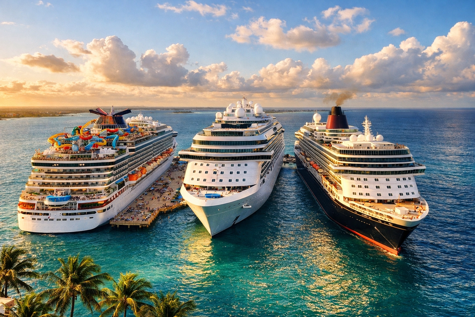 Three luxury cruise ships Royal Caribbean Celebrity and Princess docked at Caribbean port
