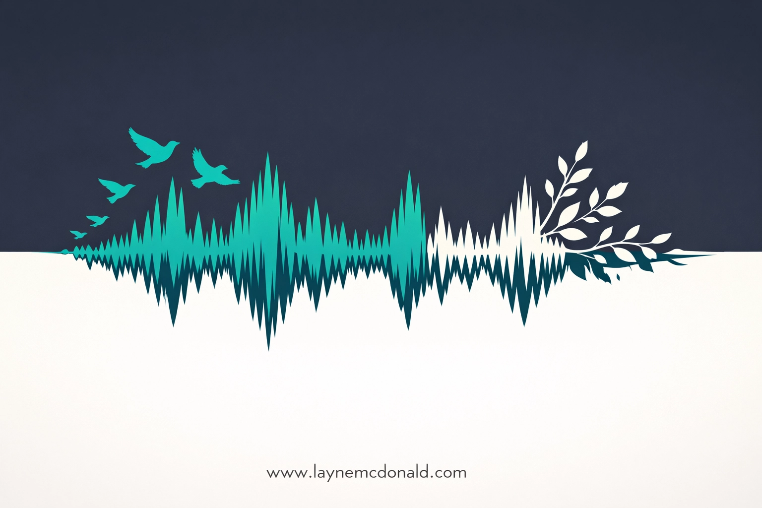 Digital audio waveform transforming into birds and leaves, symbolizing creative Christian media impact.
