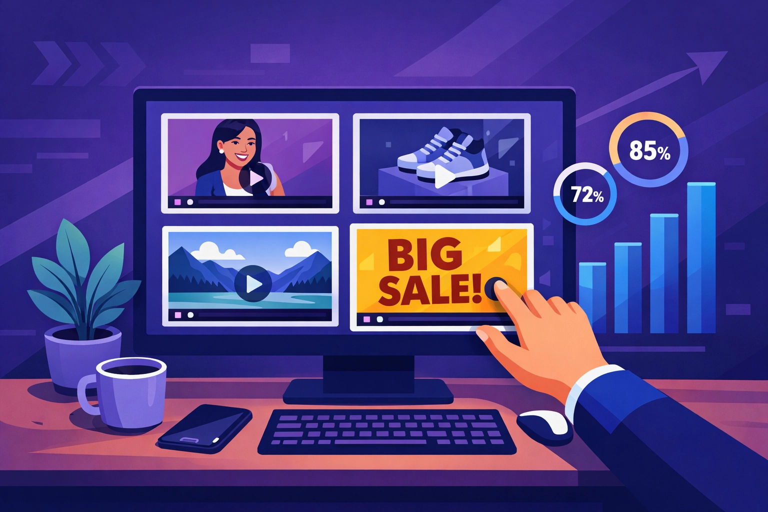 Digital dashboard showing A/B testing and real-time optimization of multiple programmatic video ads.