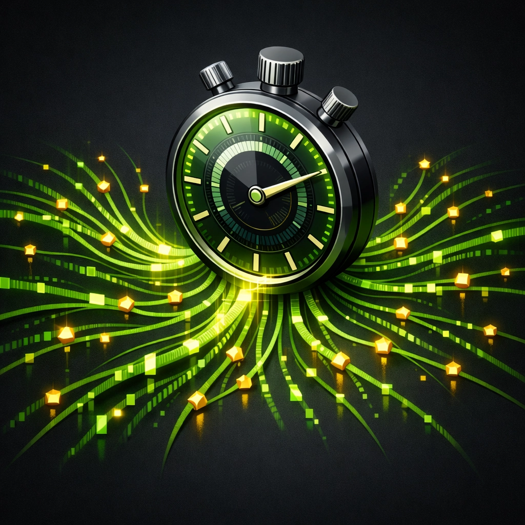 A glowing green stopwatch sending out digital pulses to represent fast cannabis SEO link building.