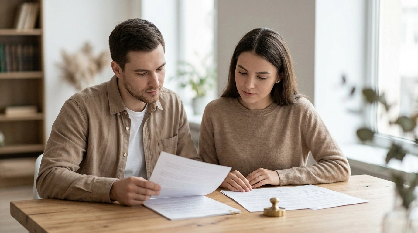 A professional, minimalist photograph of a young couple sitting at a wooden table in a brightly lit room, looking at legal documents with a calm expression.