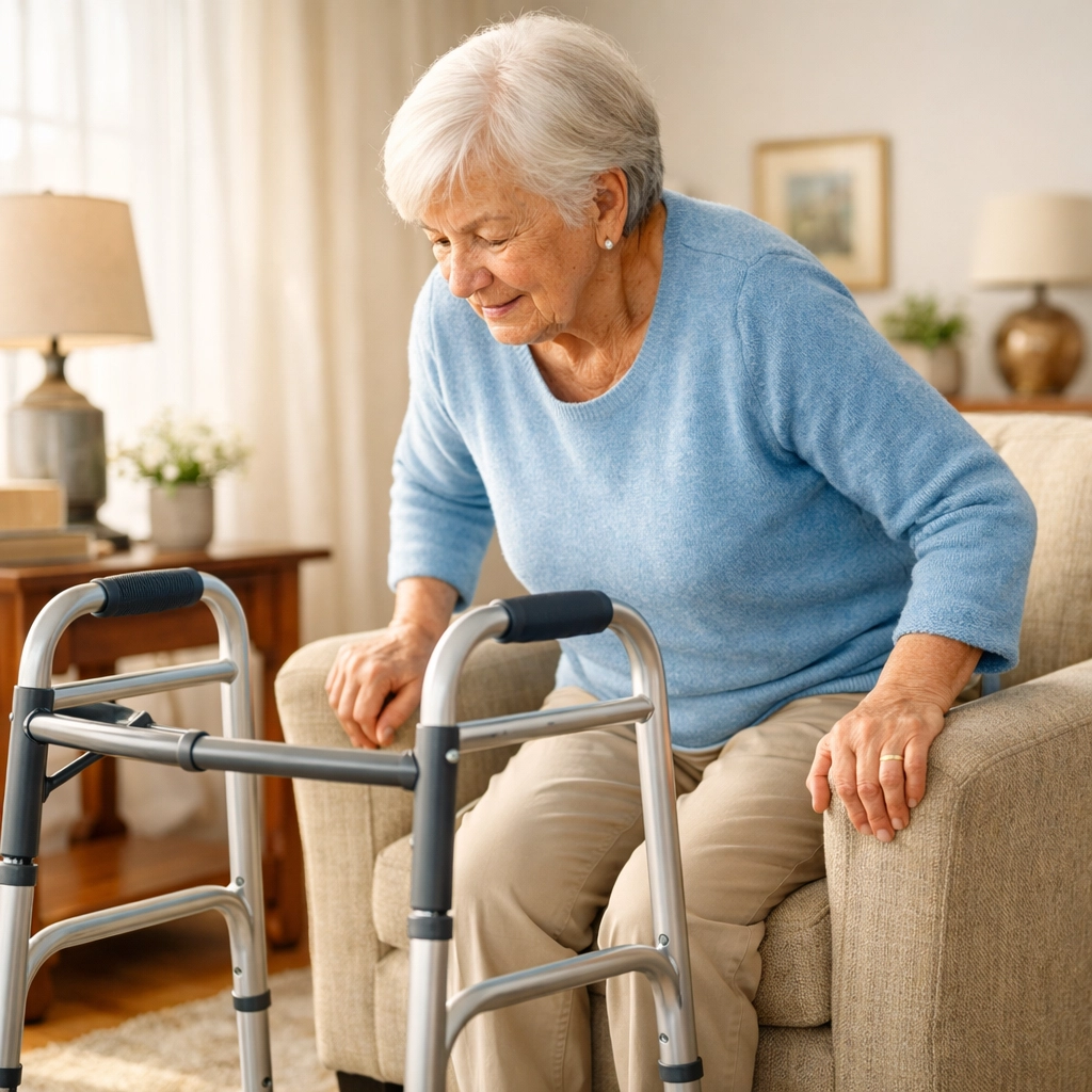 Safe sit-to-stand transition using chair armrests for support before reaching for the walker.