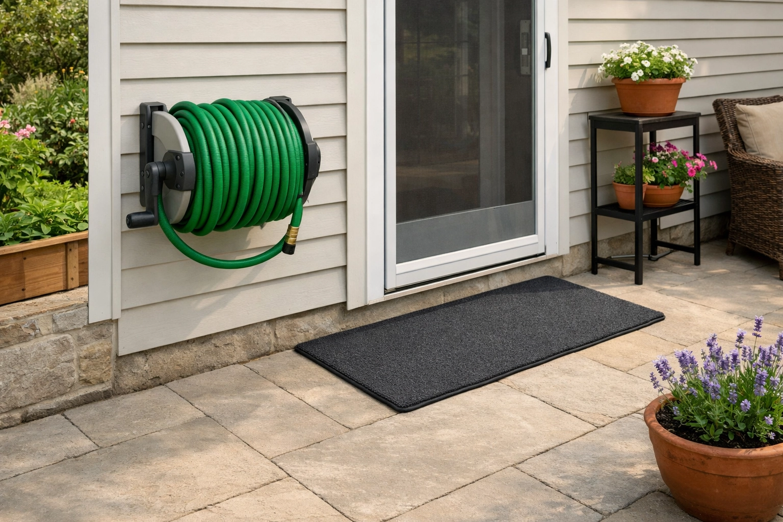 Tidy garden patio with a coiled hose on a reel and a flat non-slip mat to eliminate common trip hazards.