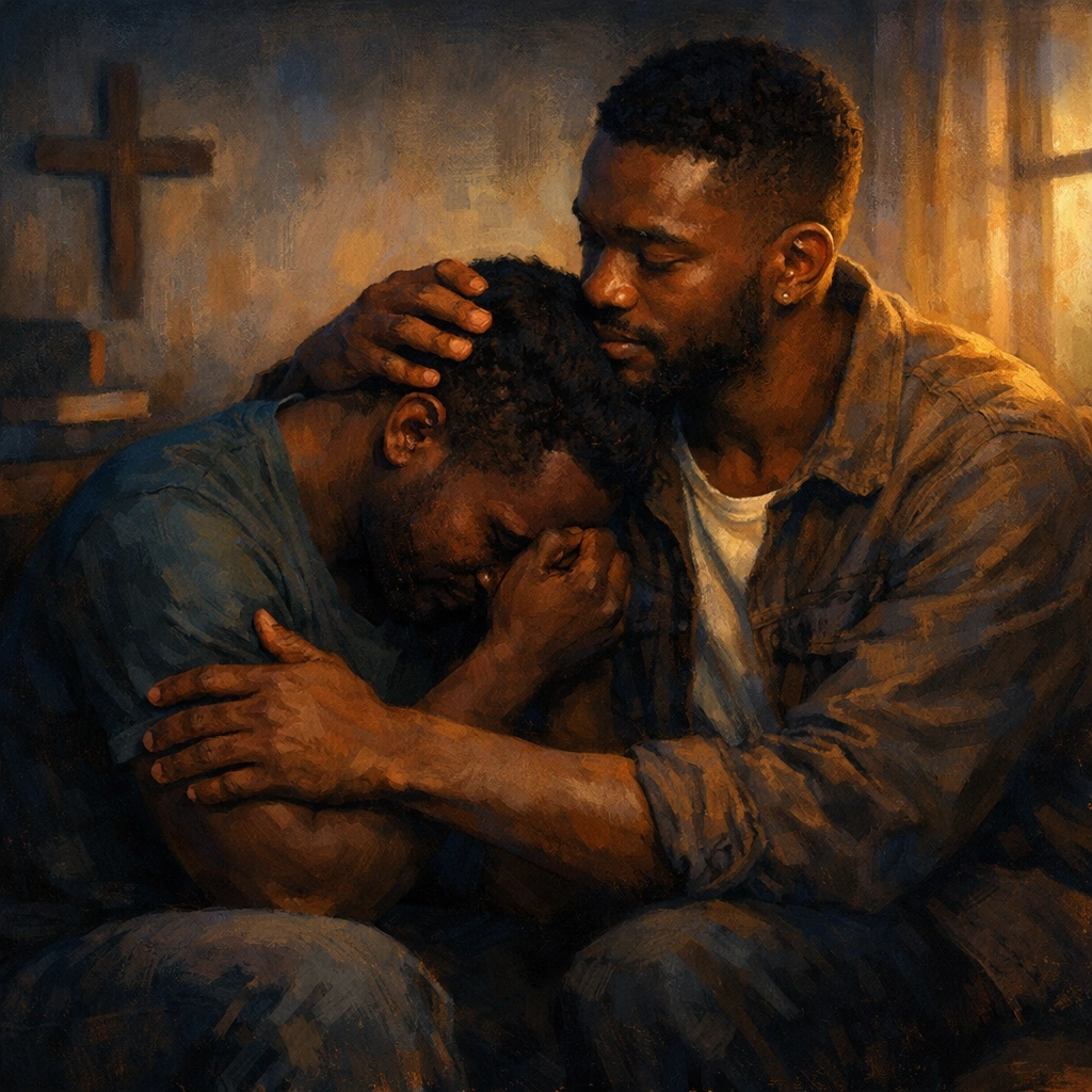 Two gay South African men embrace showing support amid Pentecostal religious trauma