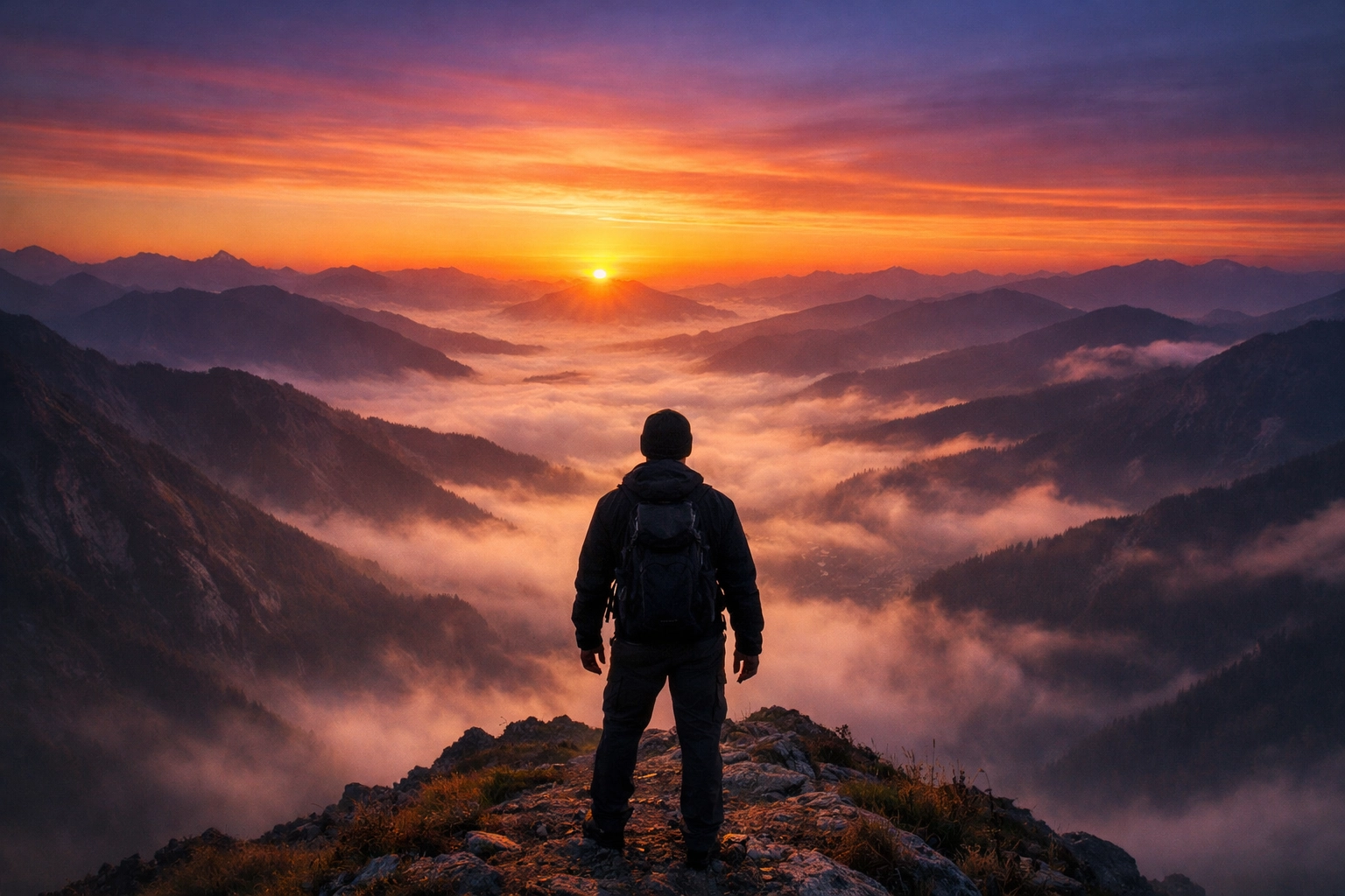A person standing on a mountain peak at sunrise representing the achievement of financial independence