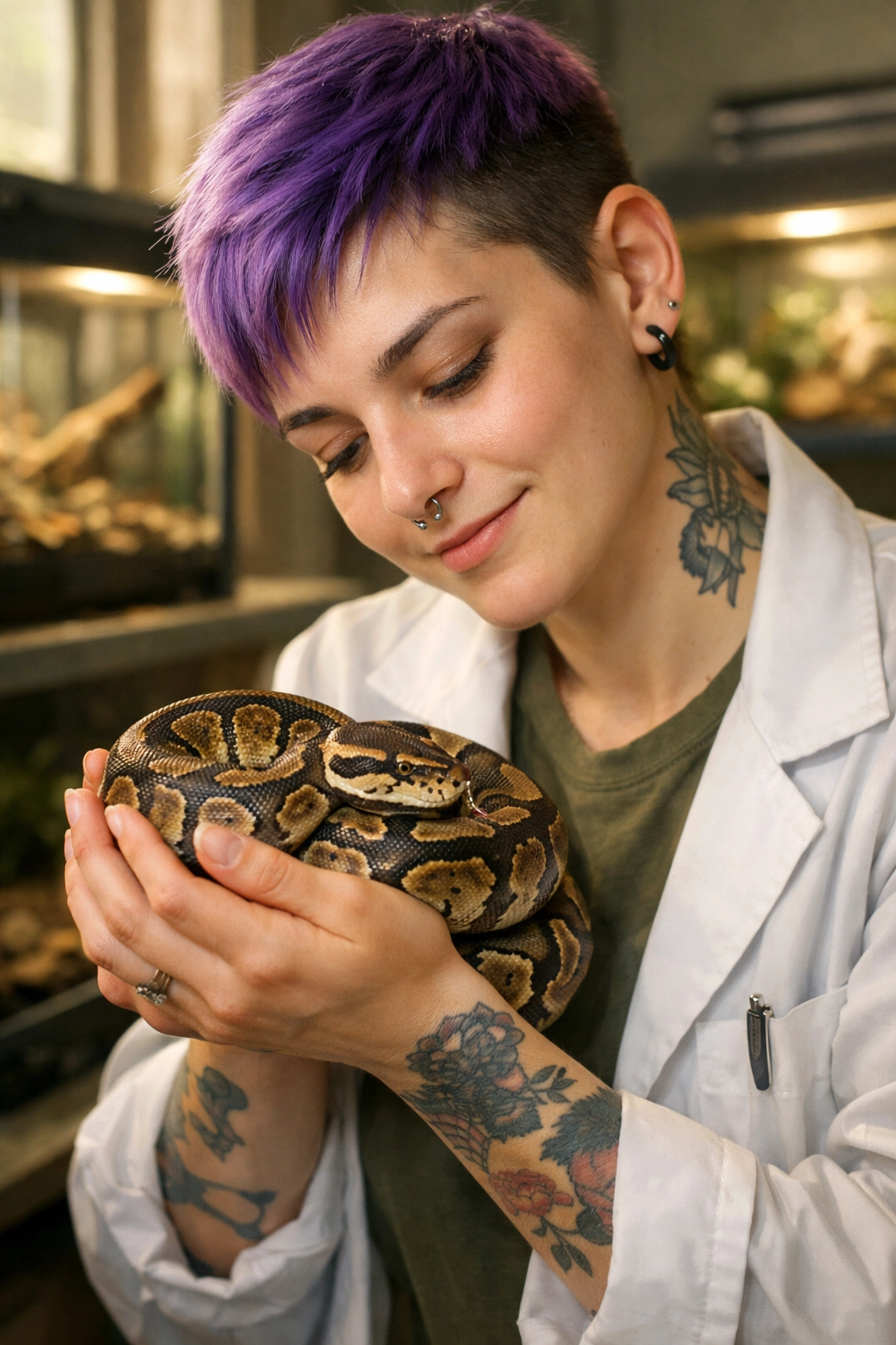 Non-binary herpetologist holding rescued ball python at reptile rehabilitation facility
