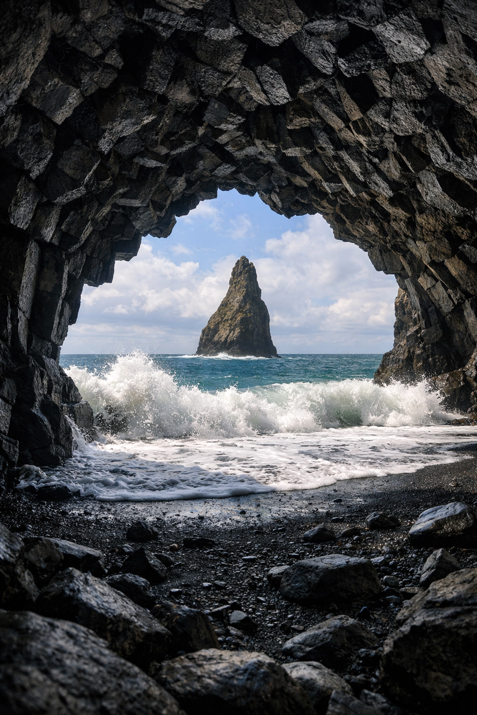 Unique perspective from inside a sea cave in Iceland, applying advanced landscape photography tips.
