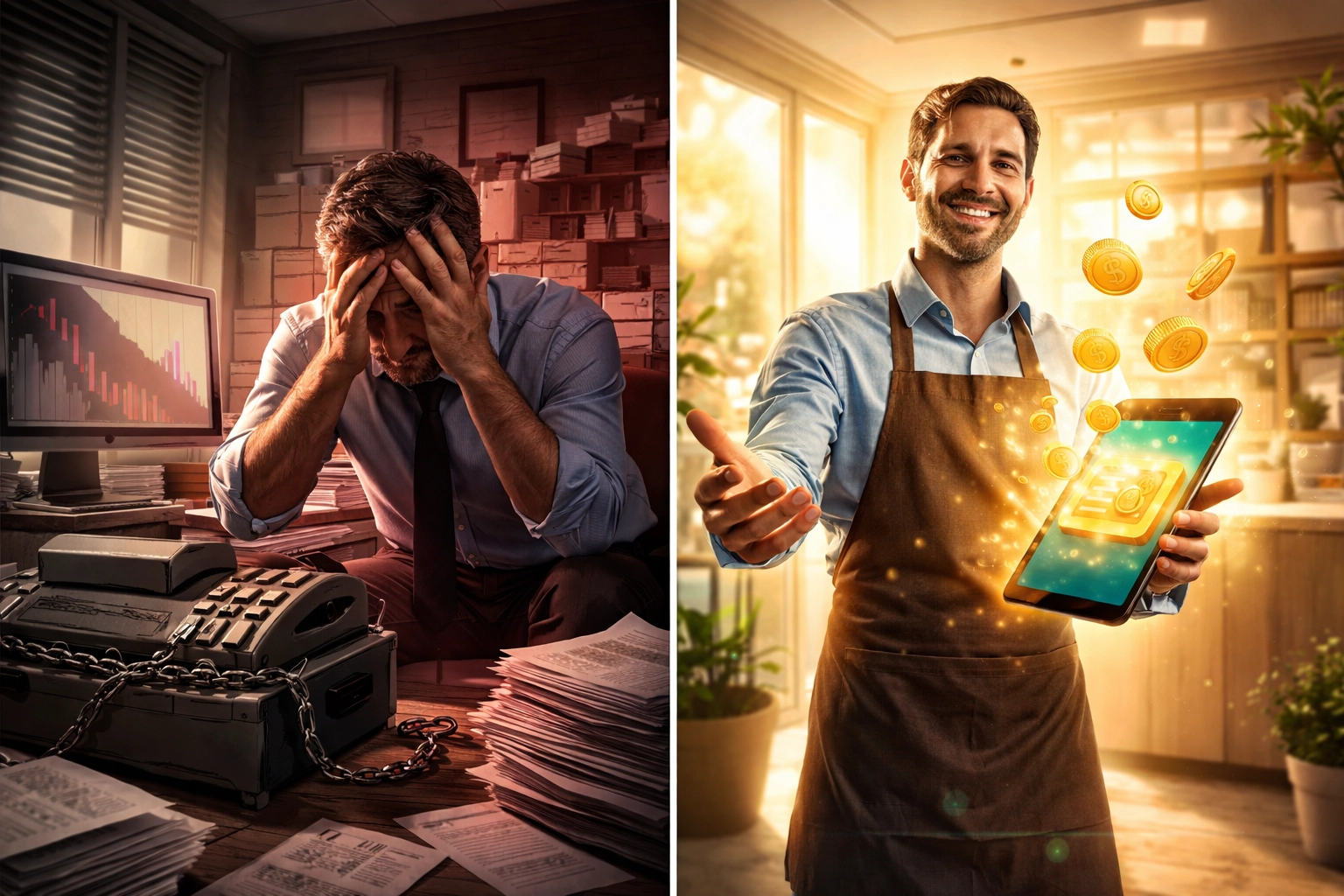 Comparison of stressed and empowered business owners highlights how self-custody payments increase merchant financial freedom.