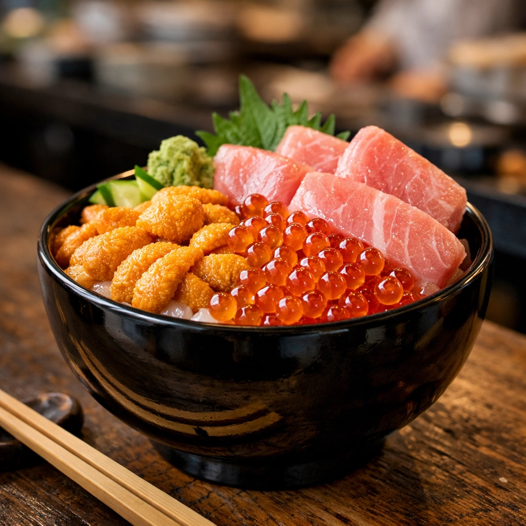 Premium Chirashi-don bowl with uni and otoro tuna at a Tsukiji Outer Market sushi bar.