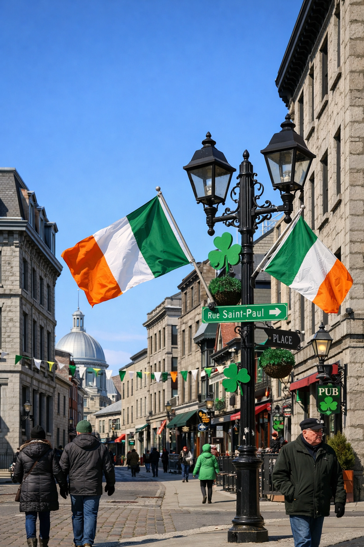 Irish tricolor flags decorating a downtown street corner for the Montreal St. Patrick’s Day festival.