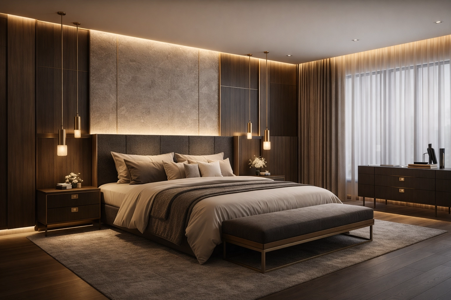 High-end photorealistic 8K bedroom render: luxury fitted joinery, premium fabrics, warm wood and metal accents, clean lines and precise geometry, soft cinematic lighting, ultra-sharp textures, no people, no text, no logos.