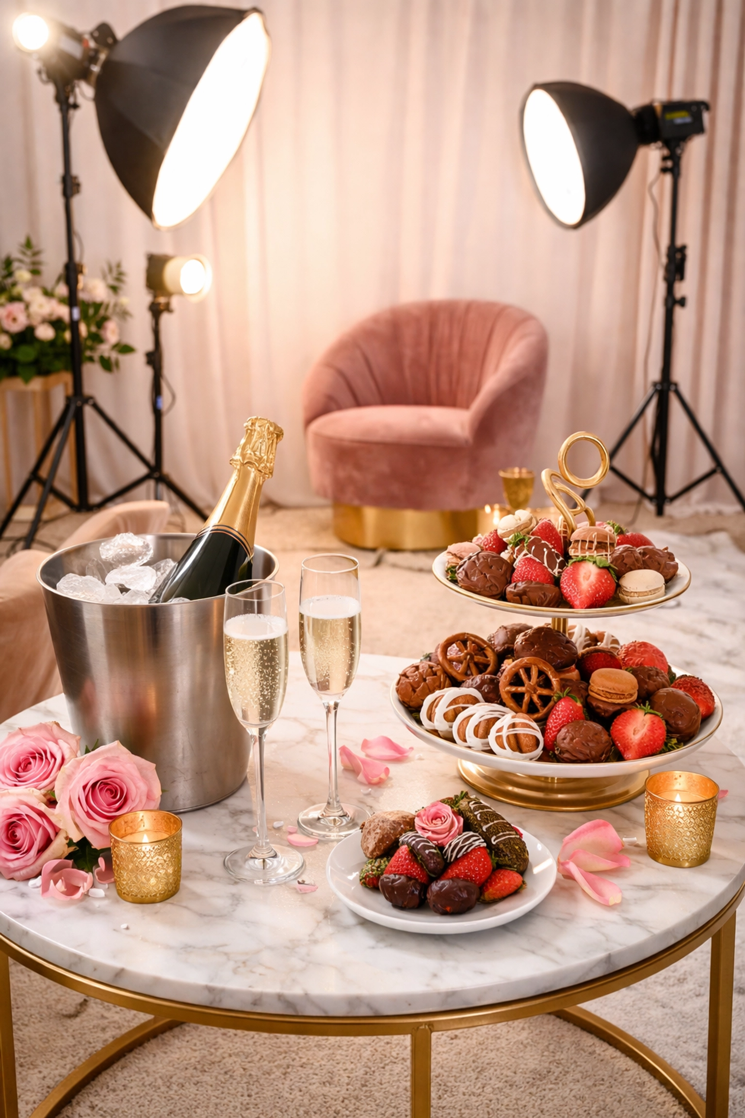 Luxury photoshoot setup with champagne and chocolate platter in a Queens studio for self-love photography experience