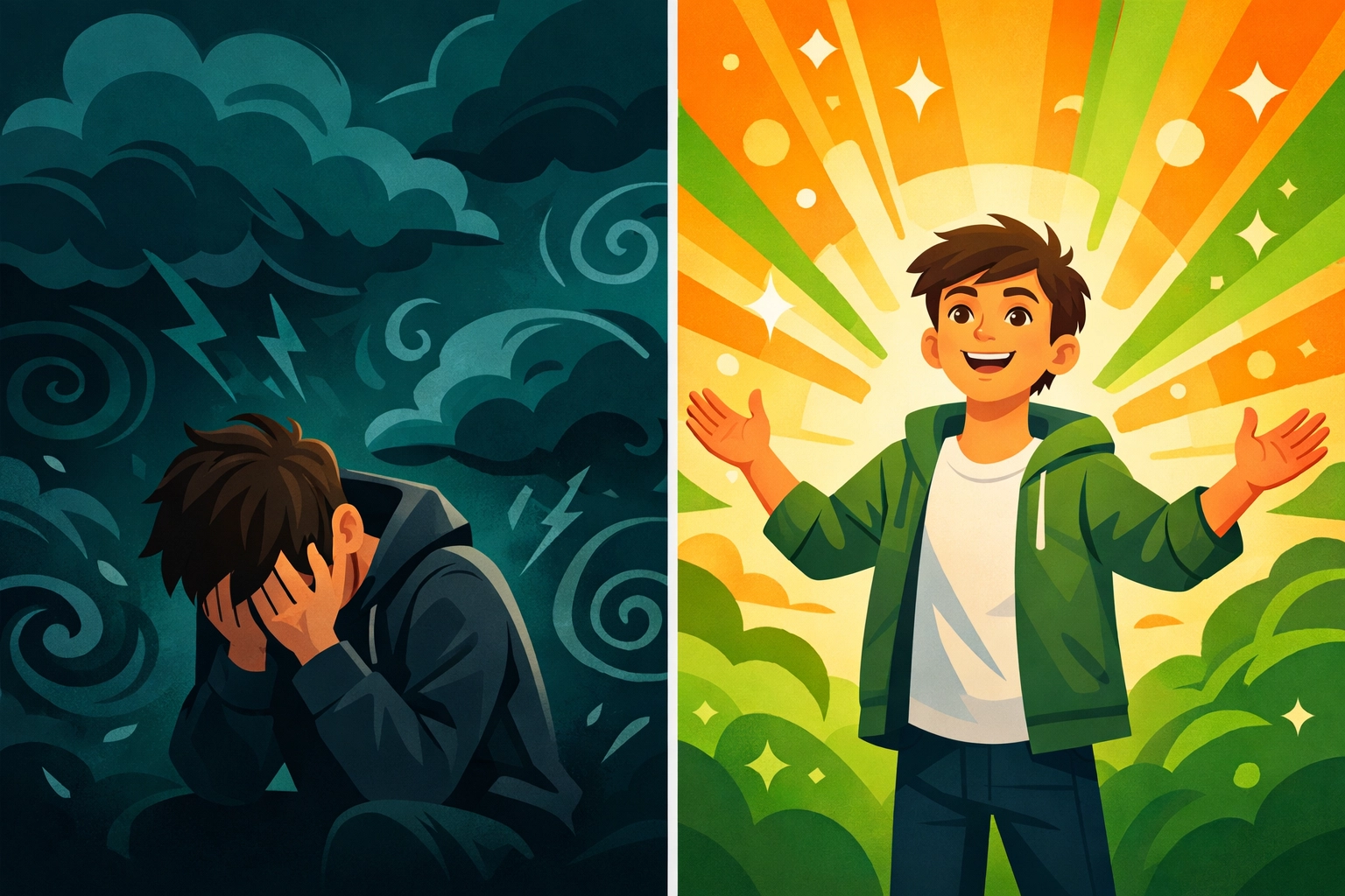 Teen transformation from overwhelmed to confident showing emotional resilience development